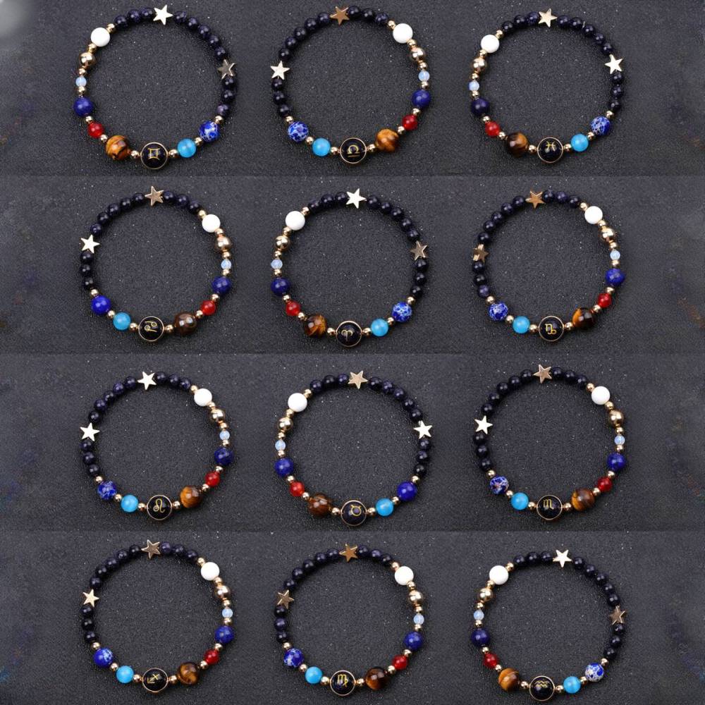 6MM Blue Goldstone Zodiac Bracelets for Women Men 12 Constellations Healing Crystal Stretch Solar Bracelet Zodiac Sign Horoscope Spiritual Jewelry Birthday Gift