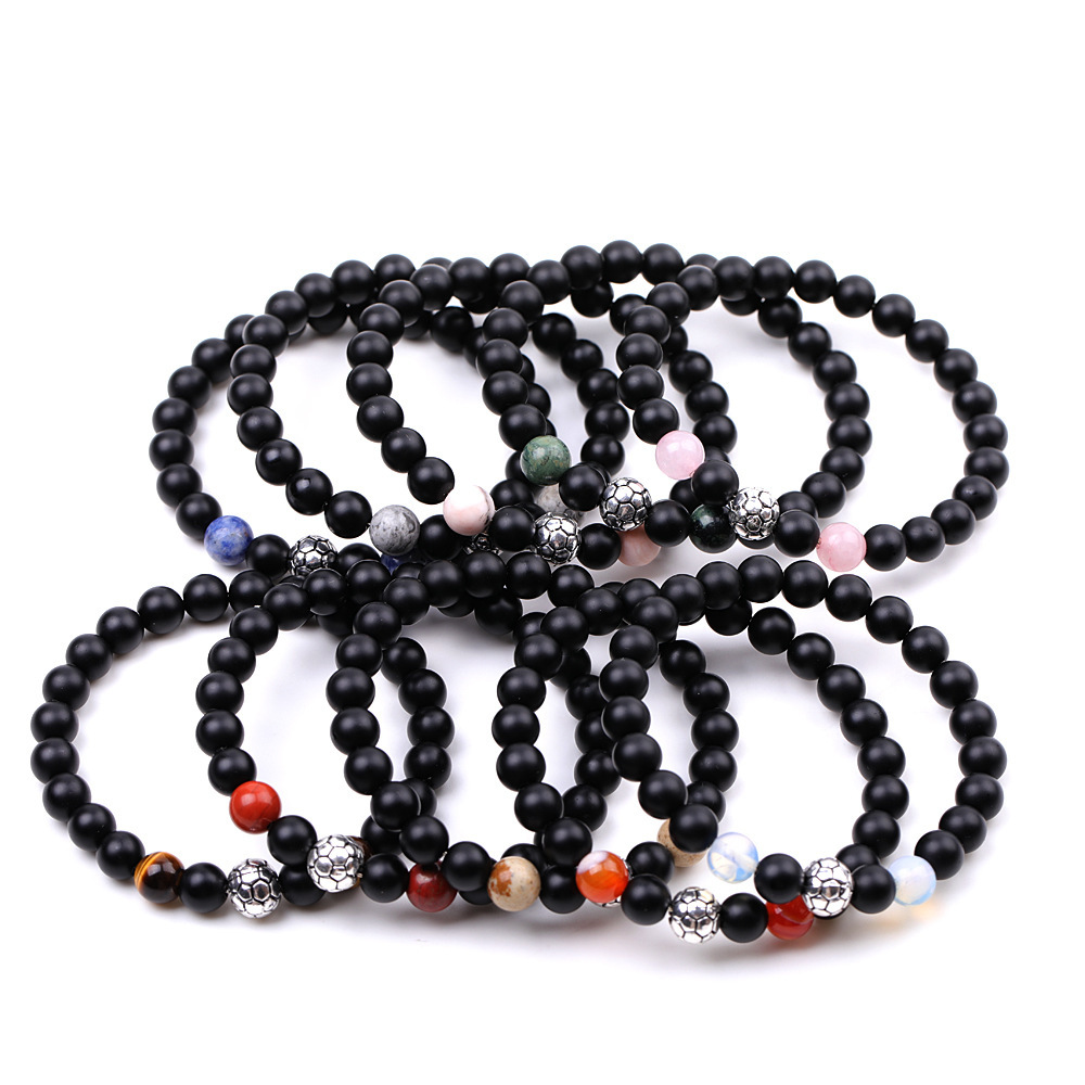 Silver Football Matte Black Onyx 8MM Round Beads Bracelets for Women Men