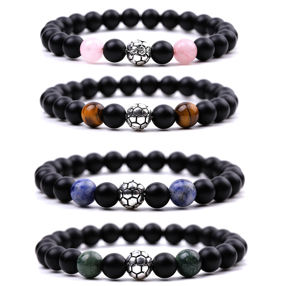 Silver Football Matte Black Onyx 8MM Round Beads Bracelets for Women Men