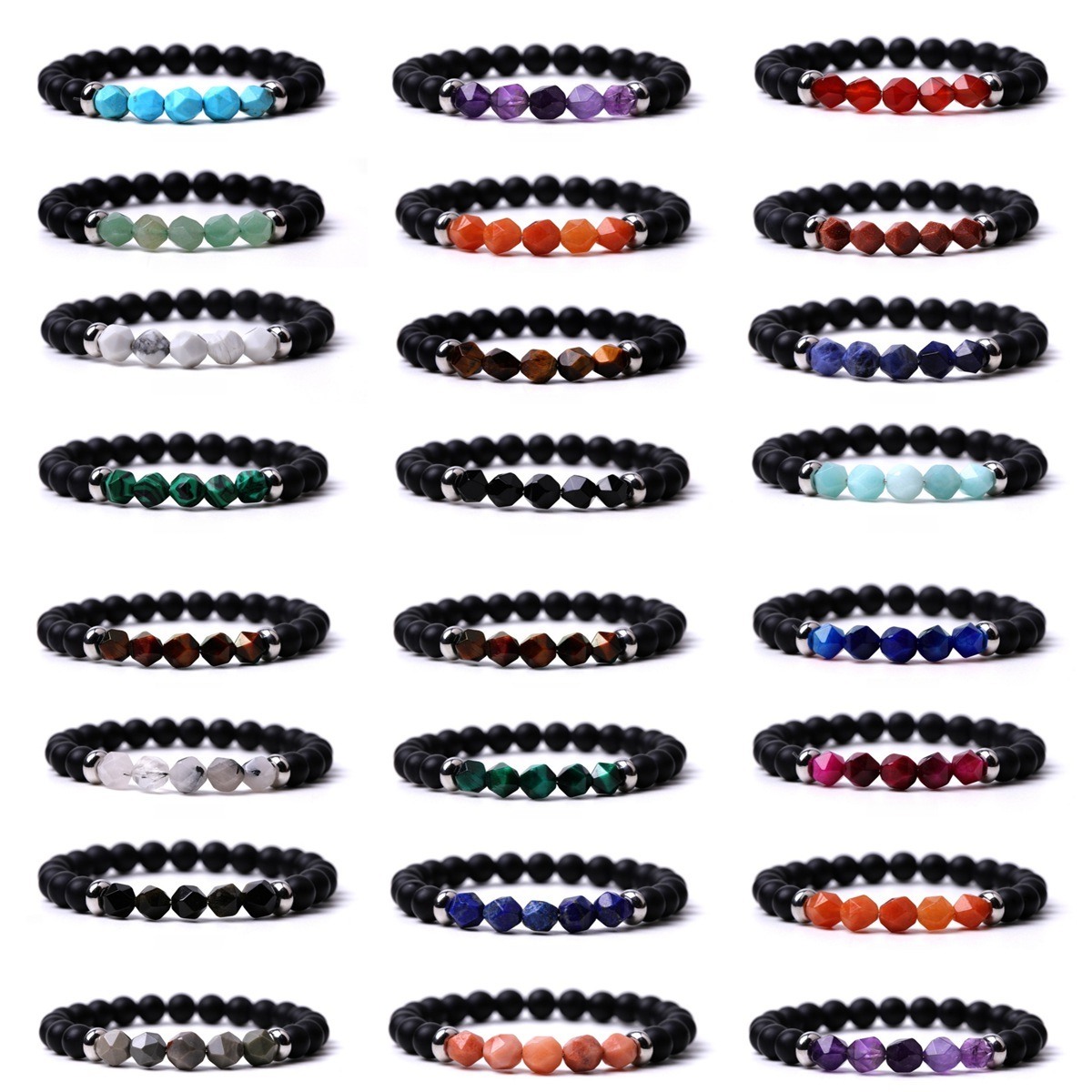 Facet Stone Beads 8MM  Matte Black Onyx Bracelets for Women Men