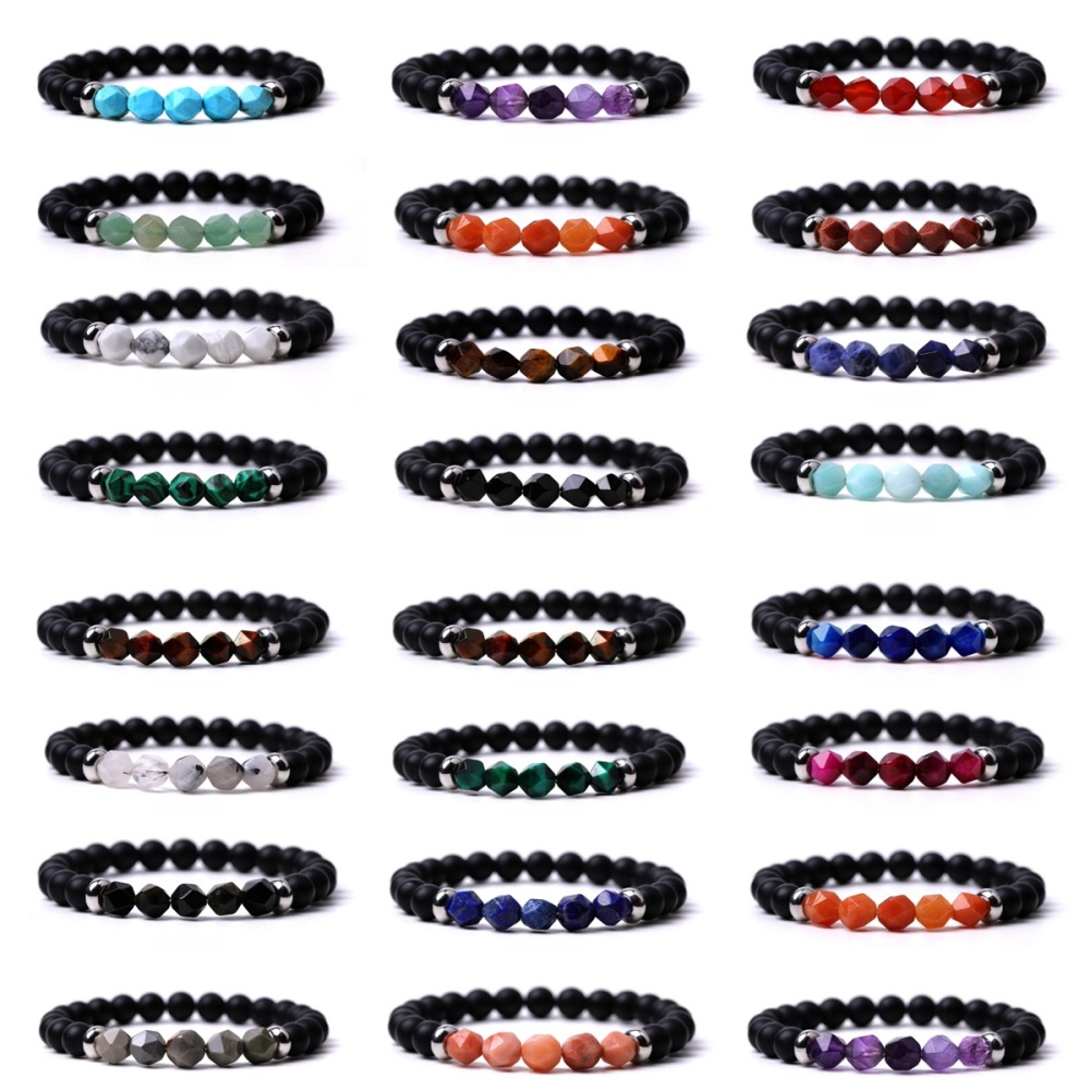 Facet Stone Beads 8MM  Matte Black Onyx Bracelets for Women Men