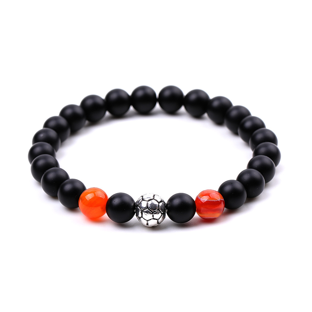 Silver Football Matte Black Onyx 8MM Round Beads Bracelets for Women Men