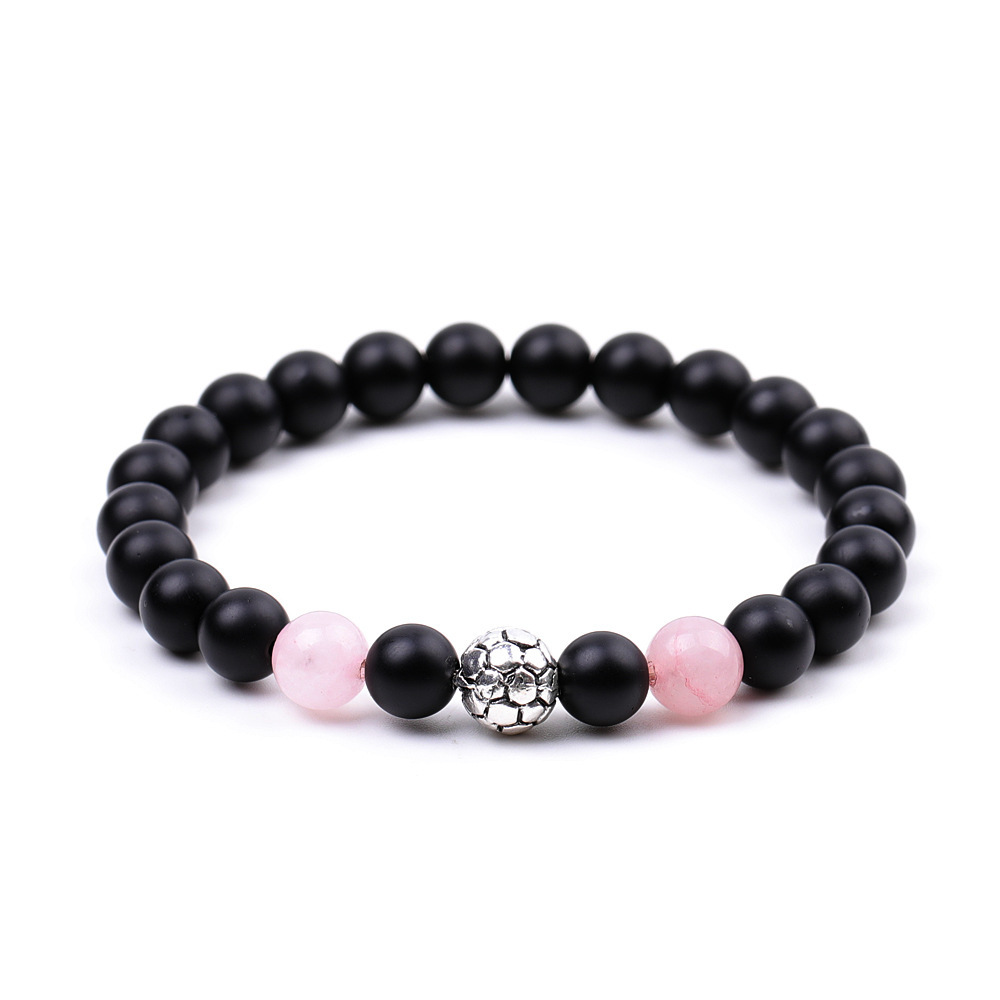Silver Football Matte Black Onyx 8MM Round Beads Bracelets for Women Men