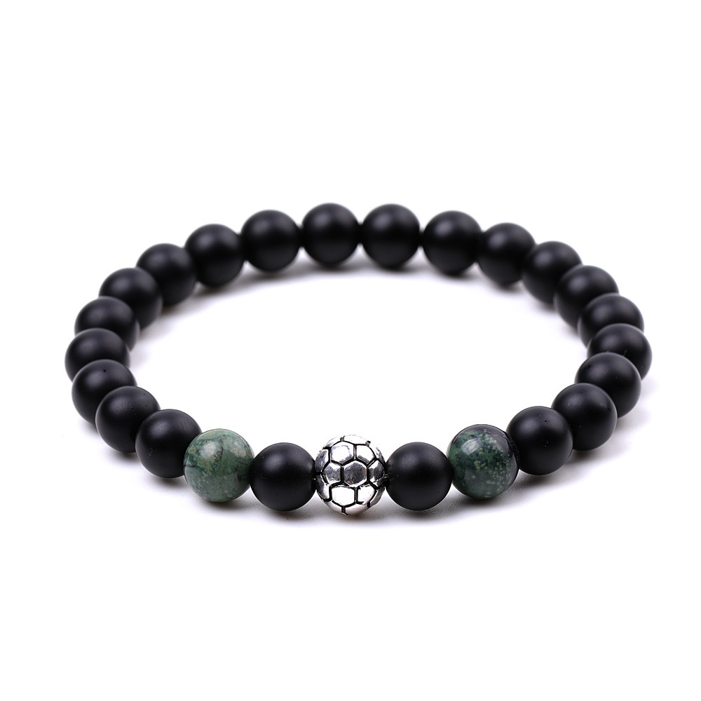 Silver Football Matte Black Onyx 8MM Round Beads Bracelets for Women Men