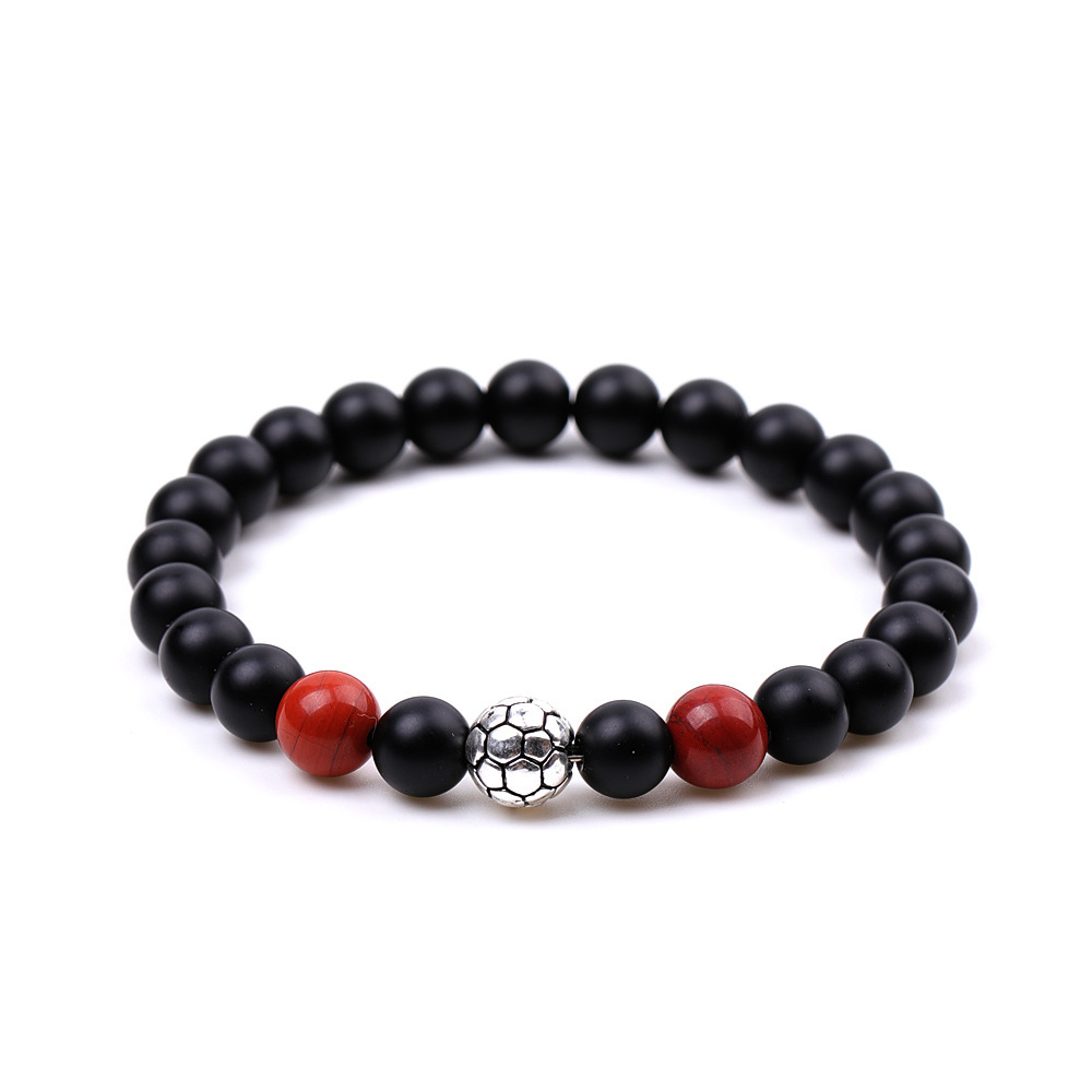 Silver Football Matte Black Onyx 8MM Round Beads Bracelets for Women Men