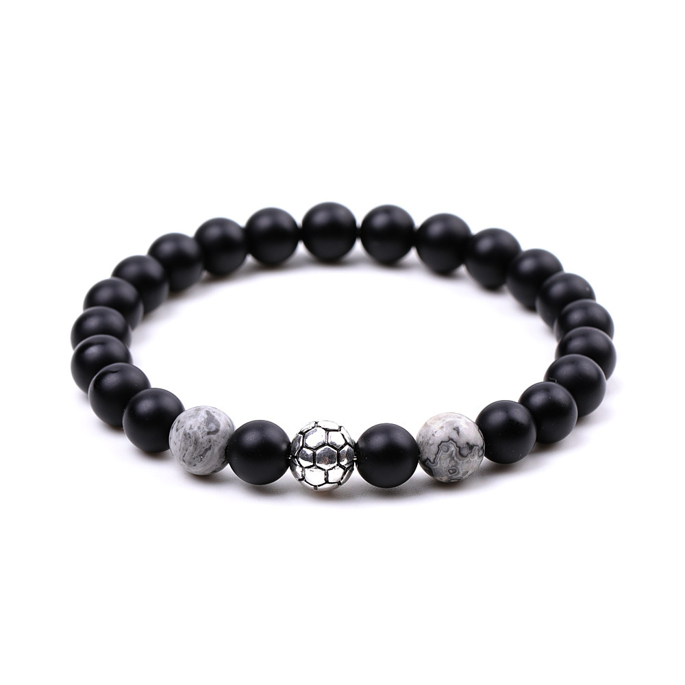 Silver Football Matte Black Onyx 8MM Round Beads Bracelets for Women Men