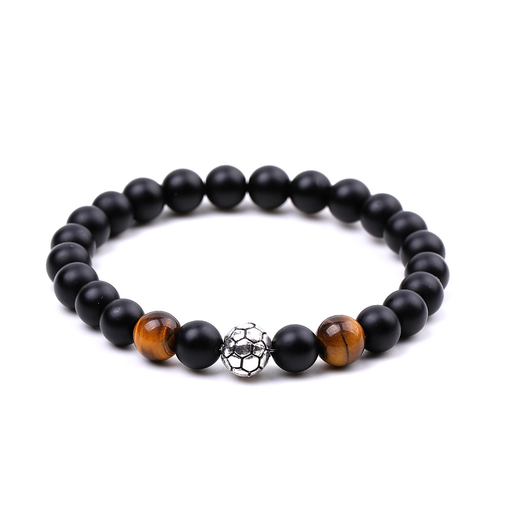 Silver Football Matte Black Onyx 8MM Round Beads Bracelets for Women Men