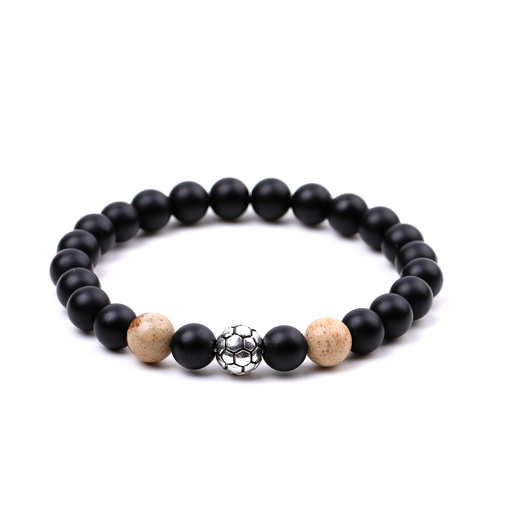 Silver Football Matte Black Onyx 8MM Round Beads Bracelets for Women Men