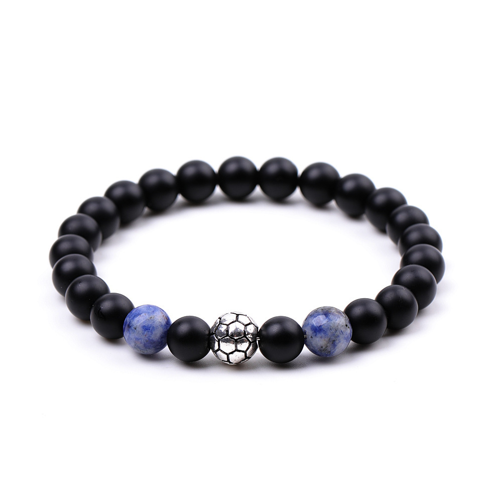 Silver Football Matte Black Onyx 8MM Round Beads Bracelets for Women Men