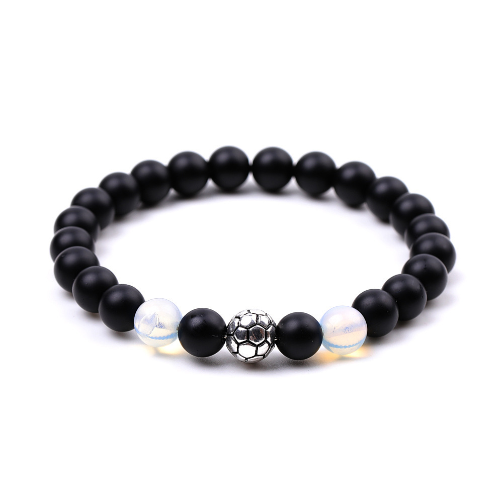 Silver Football Matte Black Onyx 8MM Round Beads Bracelets for Women Men