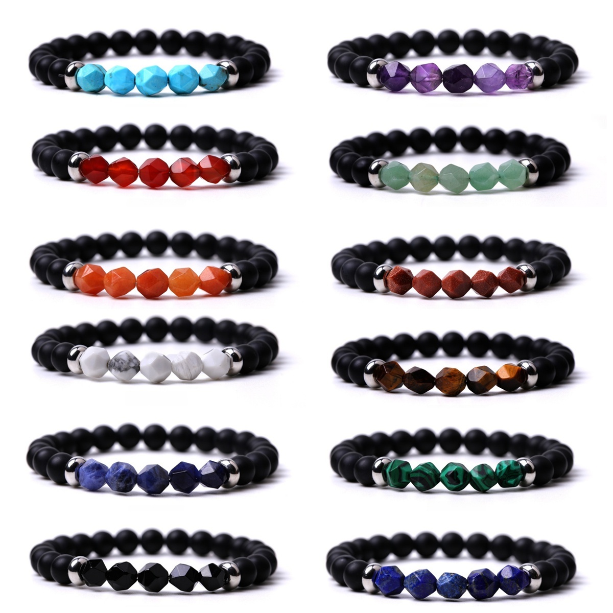 Facet Stone Beads 8MM  Matte Black Onyx Bracelets for Women Men