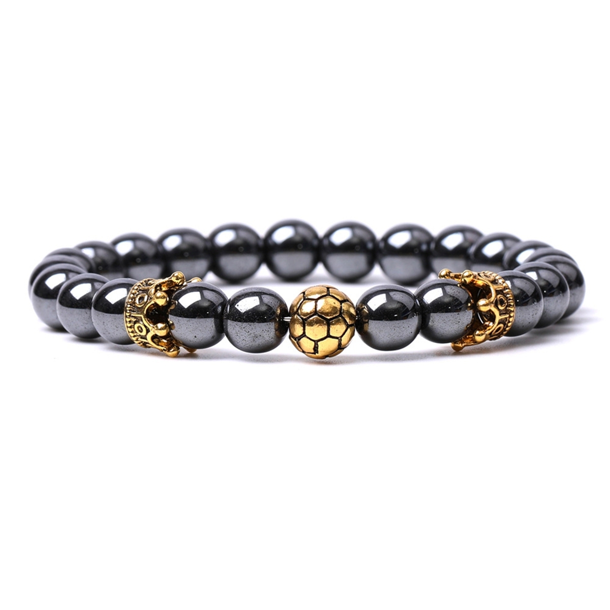 Gold Crown Football 8MM Gemstone Round Beads Bracelets for Women Men