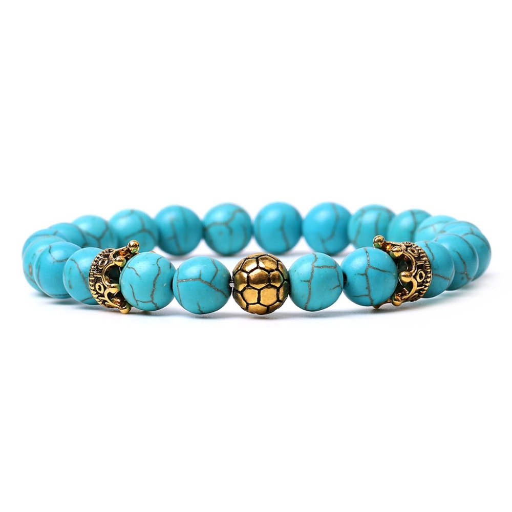 Gold Crown Football 8MM Gemstone Round Beads Bracelets for Women Men