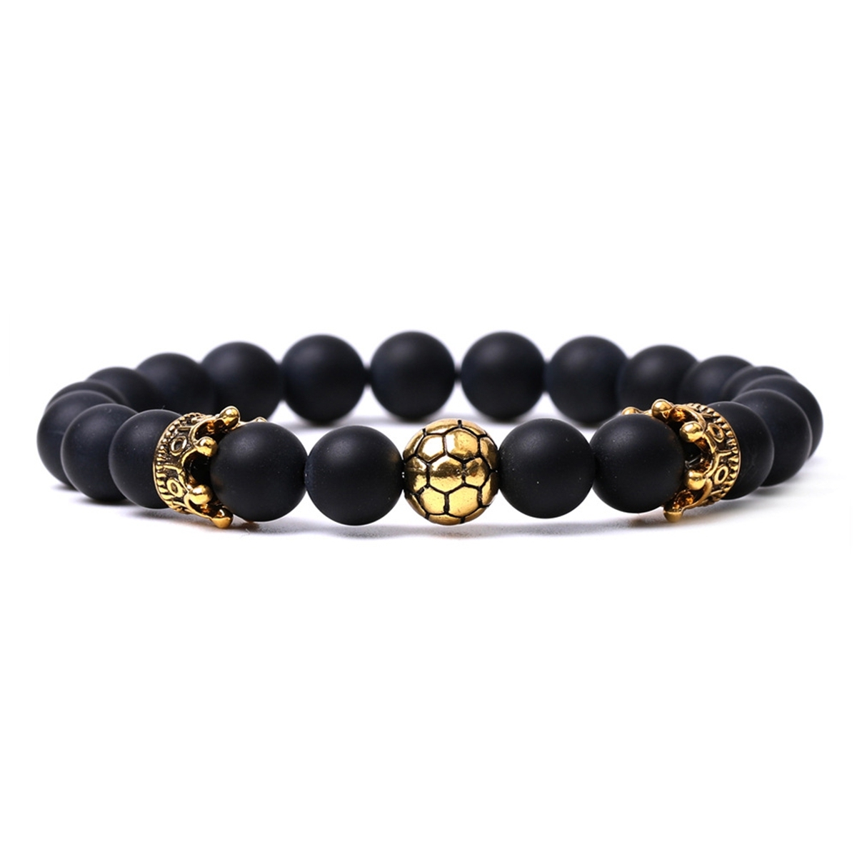 Gold Crown Football 8MM Gemstone Round Beads Bracelets for Women Men