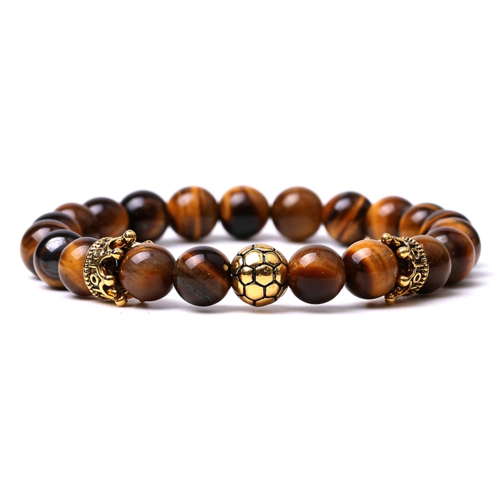 Gold Crown Football 8MM Gemstone Round Beads Bracelets for Women Men
