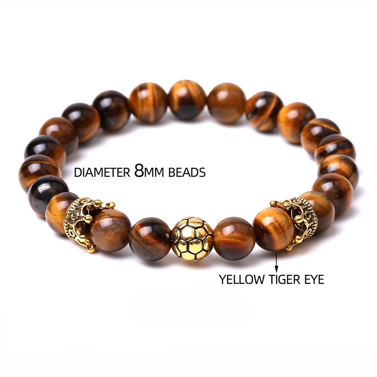 Gold Crown Football 8MM Gemstone Round Beads Bracelets for Women Men