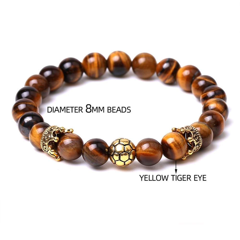Gold Crown Football 8MM Gemstone Round Beads Bracelets for Women Men