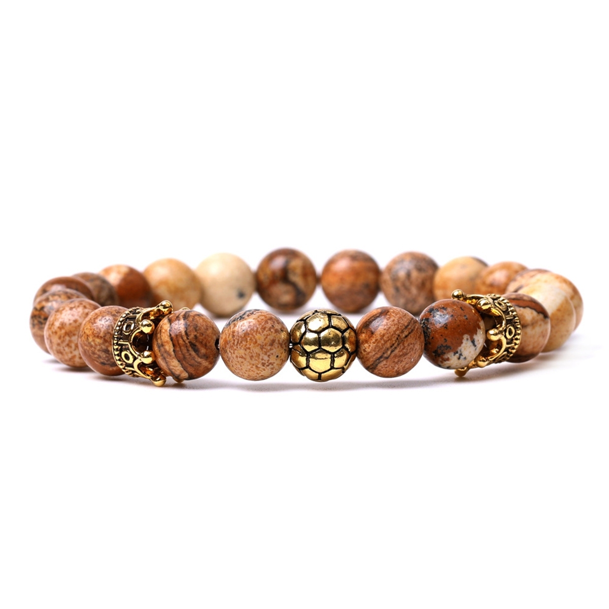 Gold Crown Football 8MM Gemstone Round Beads Bracelets for Women Men