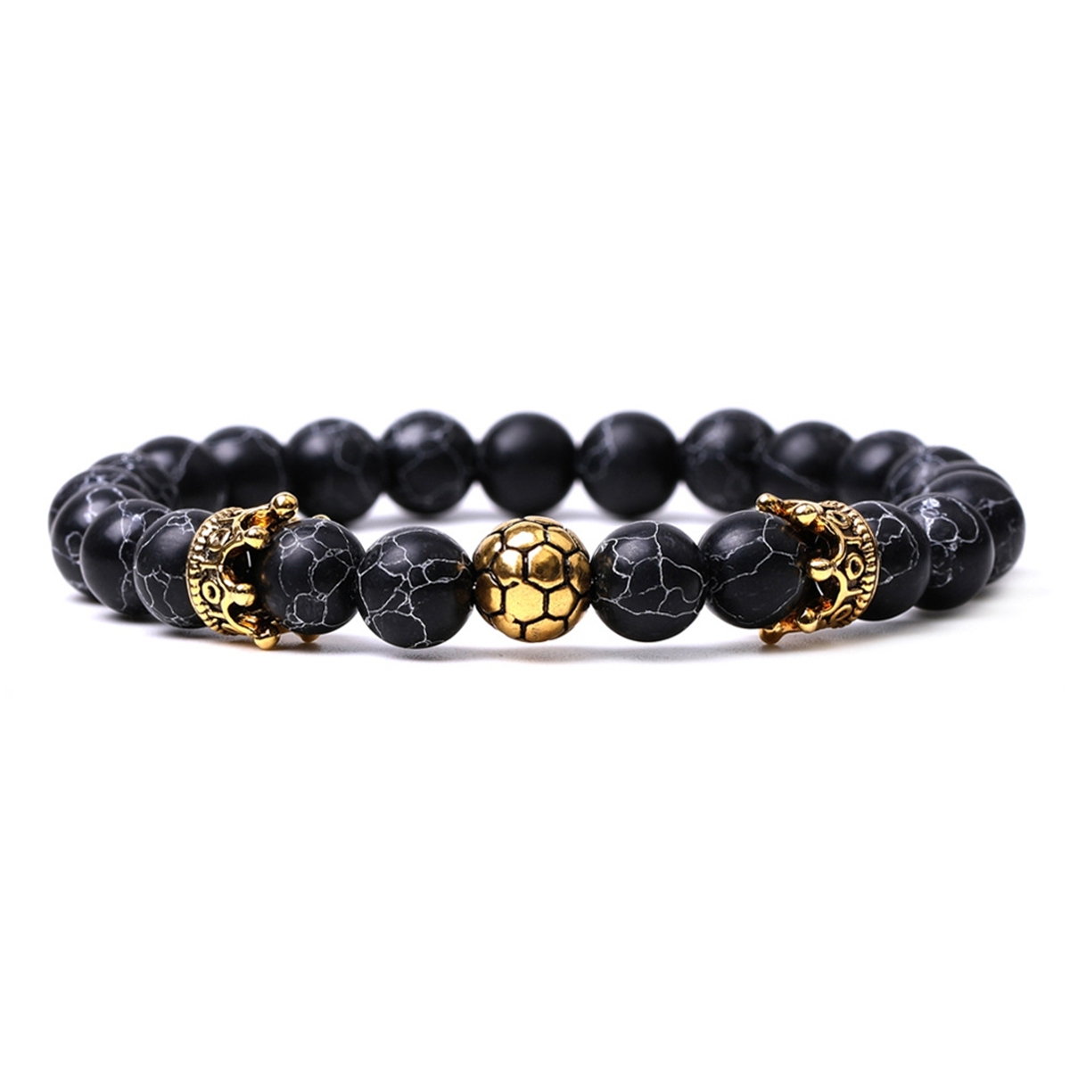 Gold Crown Football 8MM Gemstone Round Beads Bracelets for Women Men