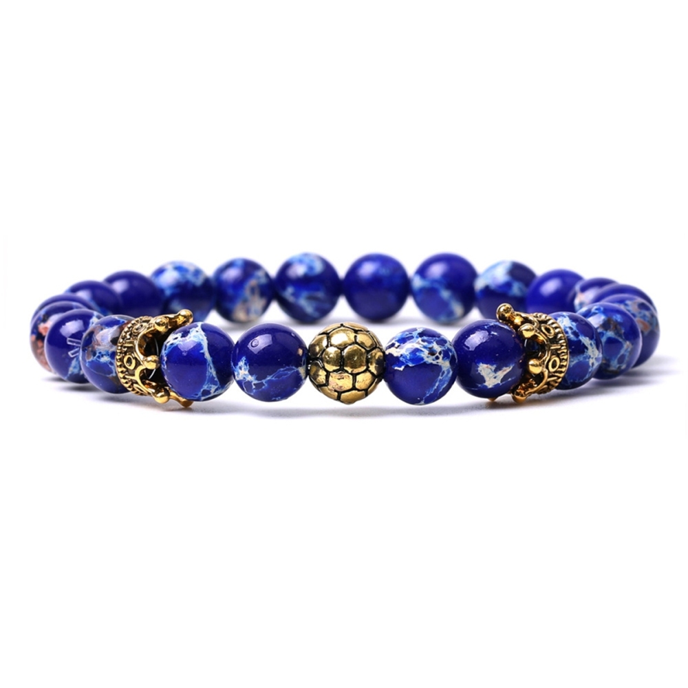 Gold Crown Football 8MM Gemstone Round Beads Bracelets for Women Men