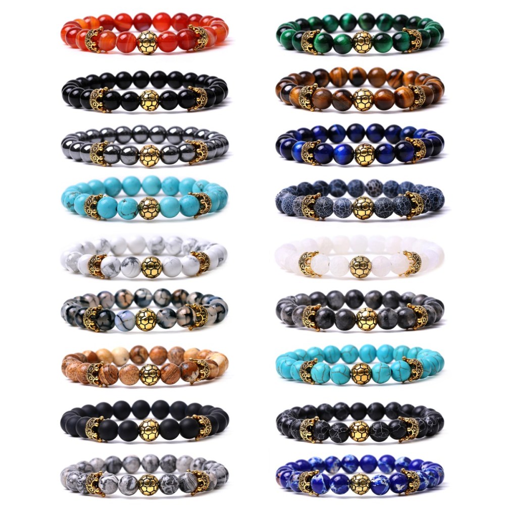 Gold Crown Football 8MM Gemstone Round Beads Bracelets for Women Men