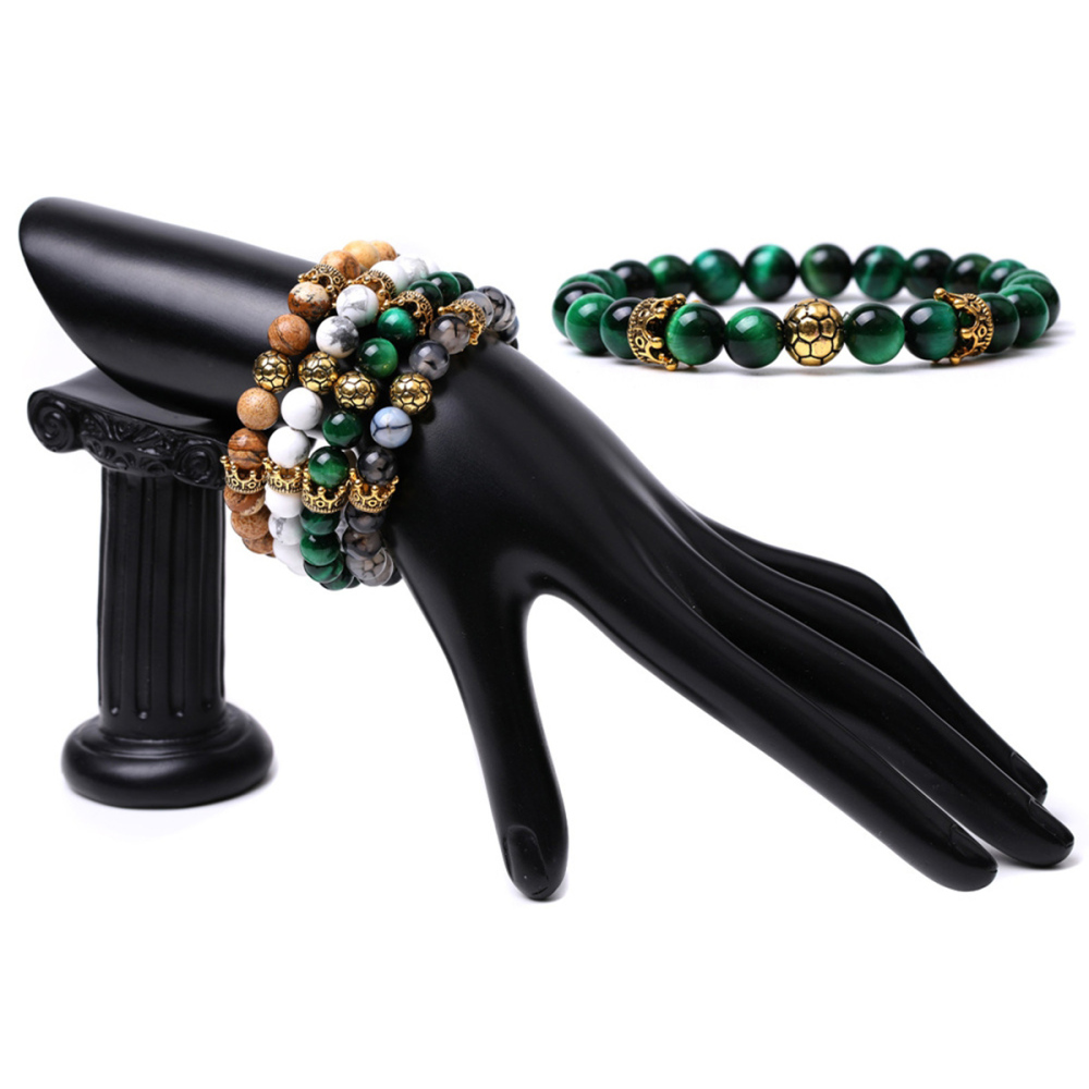 Gold Crown Football 8MM Gemstone Round Beads Bracelets for Women Men