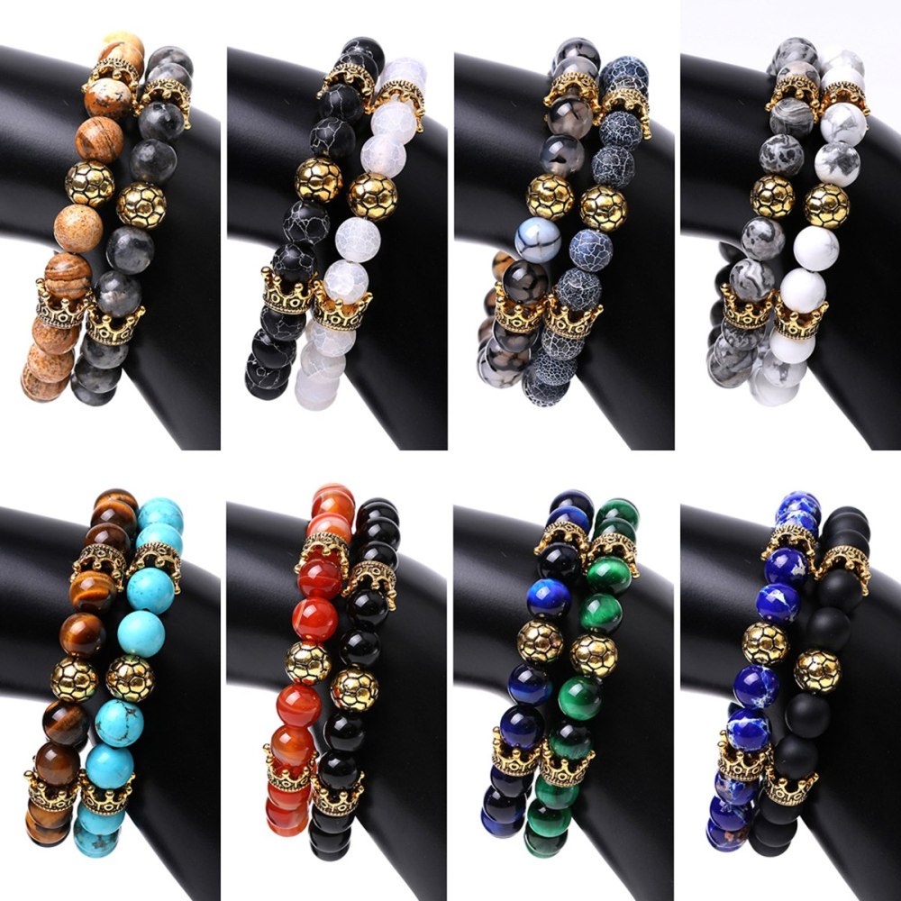 Gold Crown Football 8MM Gemstone Round Beads Bracelets for Women Men