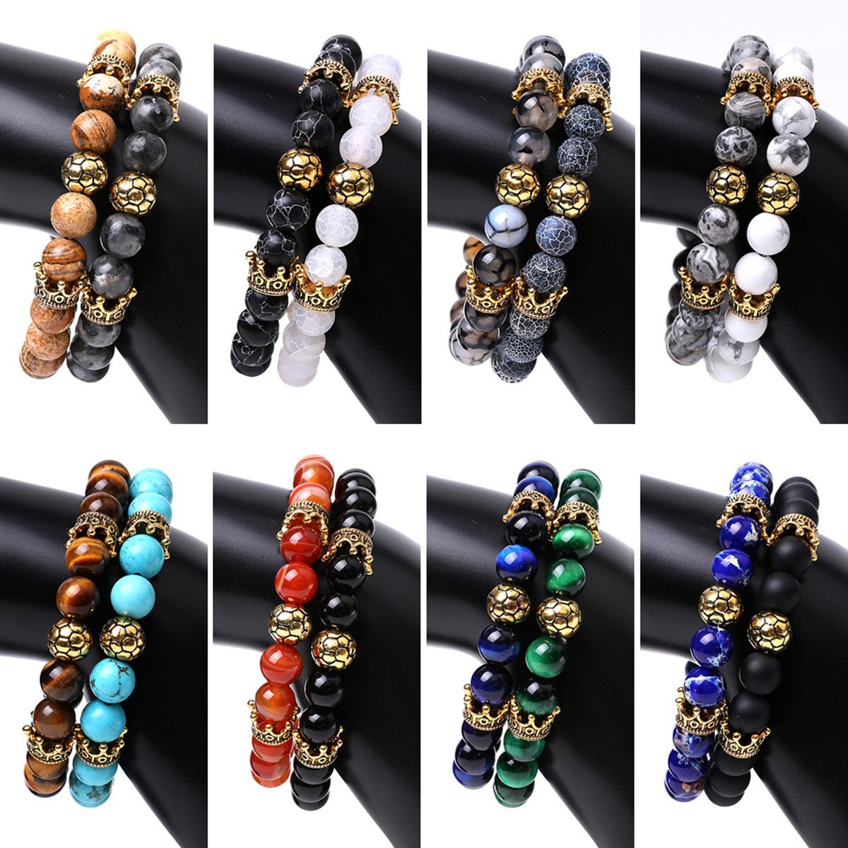 Gold Crown Football 8MM Gemstone Round Beads Bracelets for Women Men