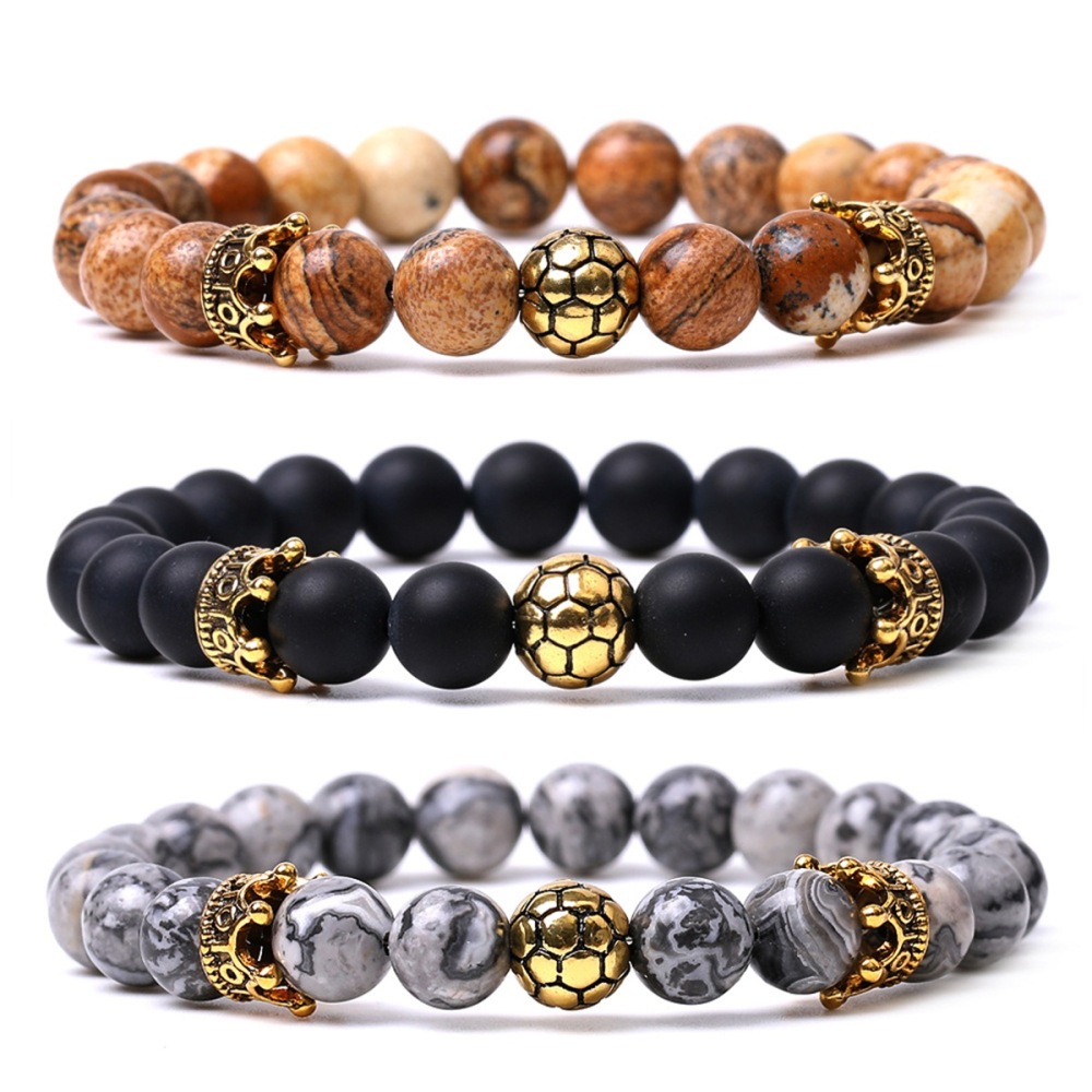 Gold Crown Football 8MM Gemstone Round Beads Bracelets for Women Men