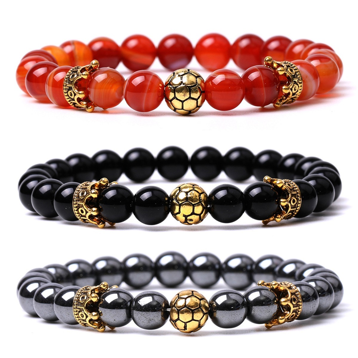 Gold Crown Football 8MM Gemstone Round Beads Bracelets for Women Men