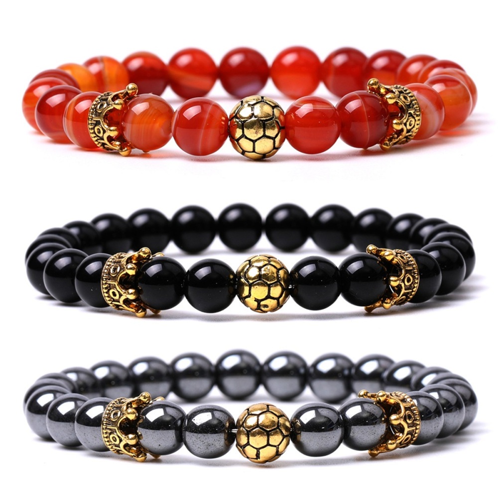 Gold Crown Football 8MM Gemstone Round Beads Bracelets for Women Men