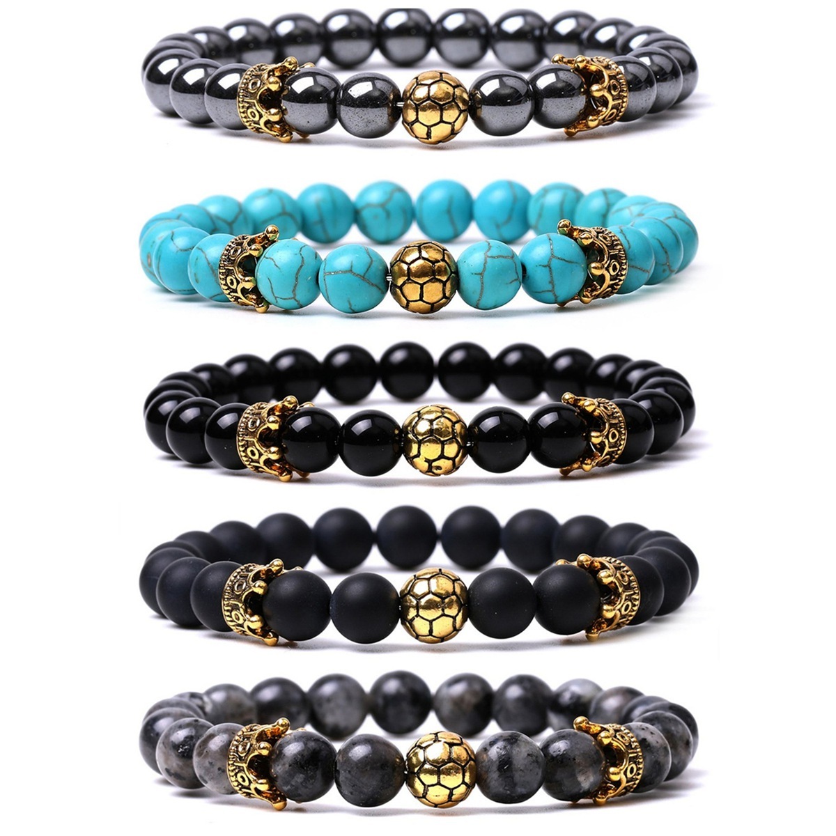 Gold Crown Football 8MM Gemstone Round Beads Bracelets for Women Men