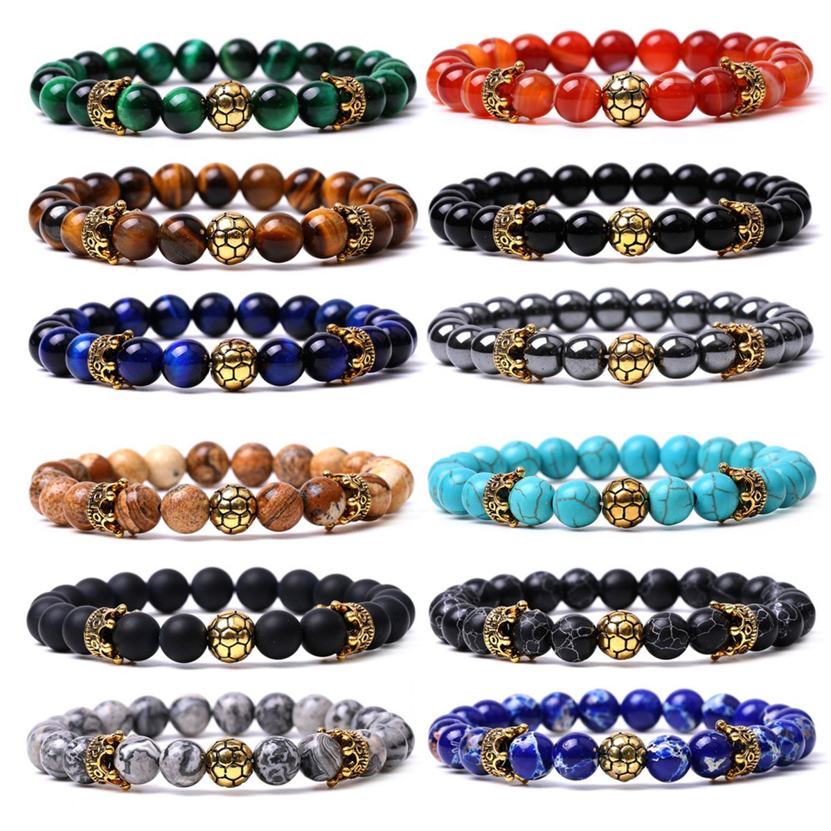 Gold Crown Football 8MM Gemstone Round Beads Bracelets for Women Men