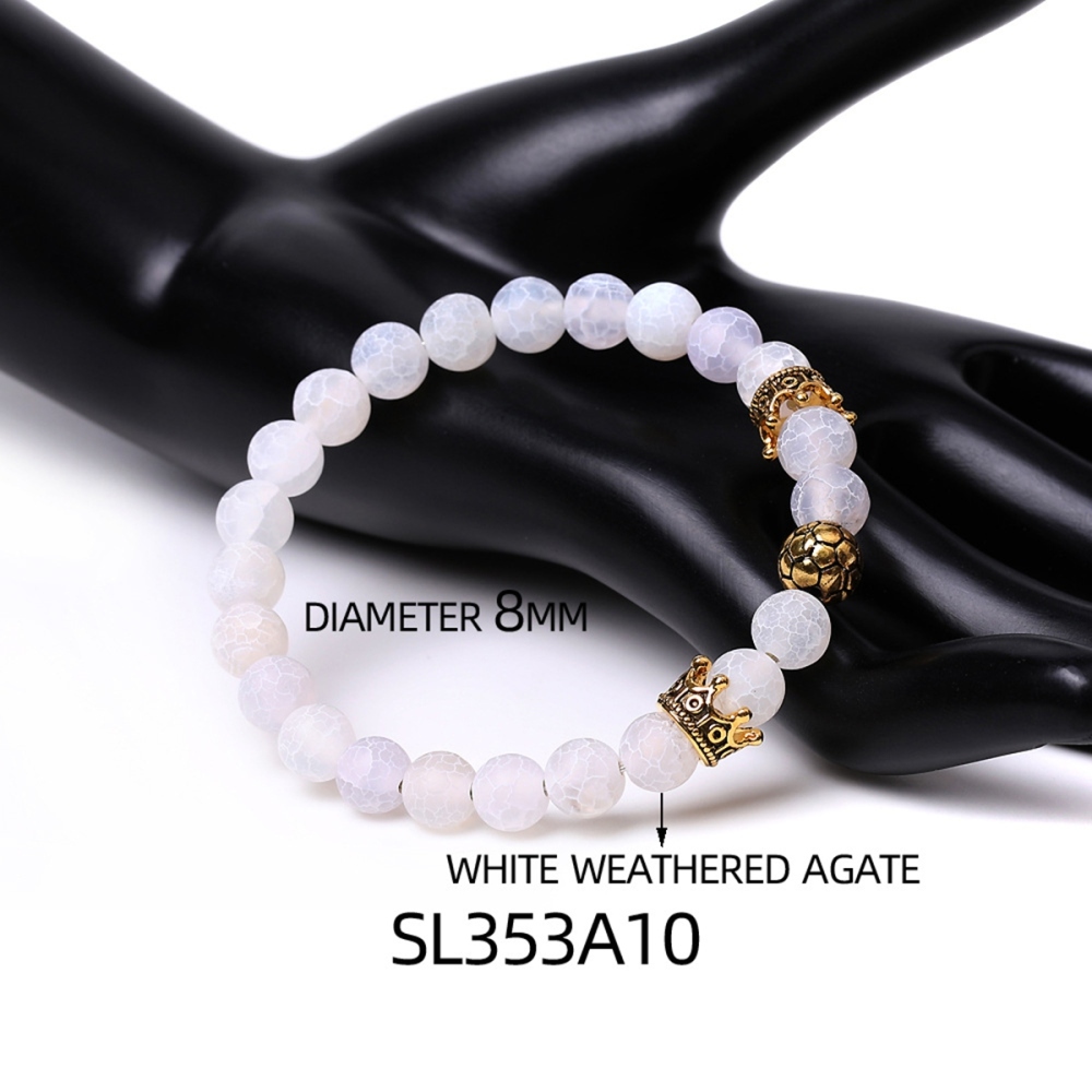 Gold Crown Football 8MM Gemstone Round Beads Bracelets for Women Men