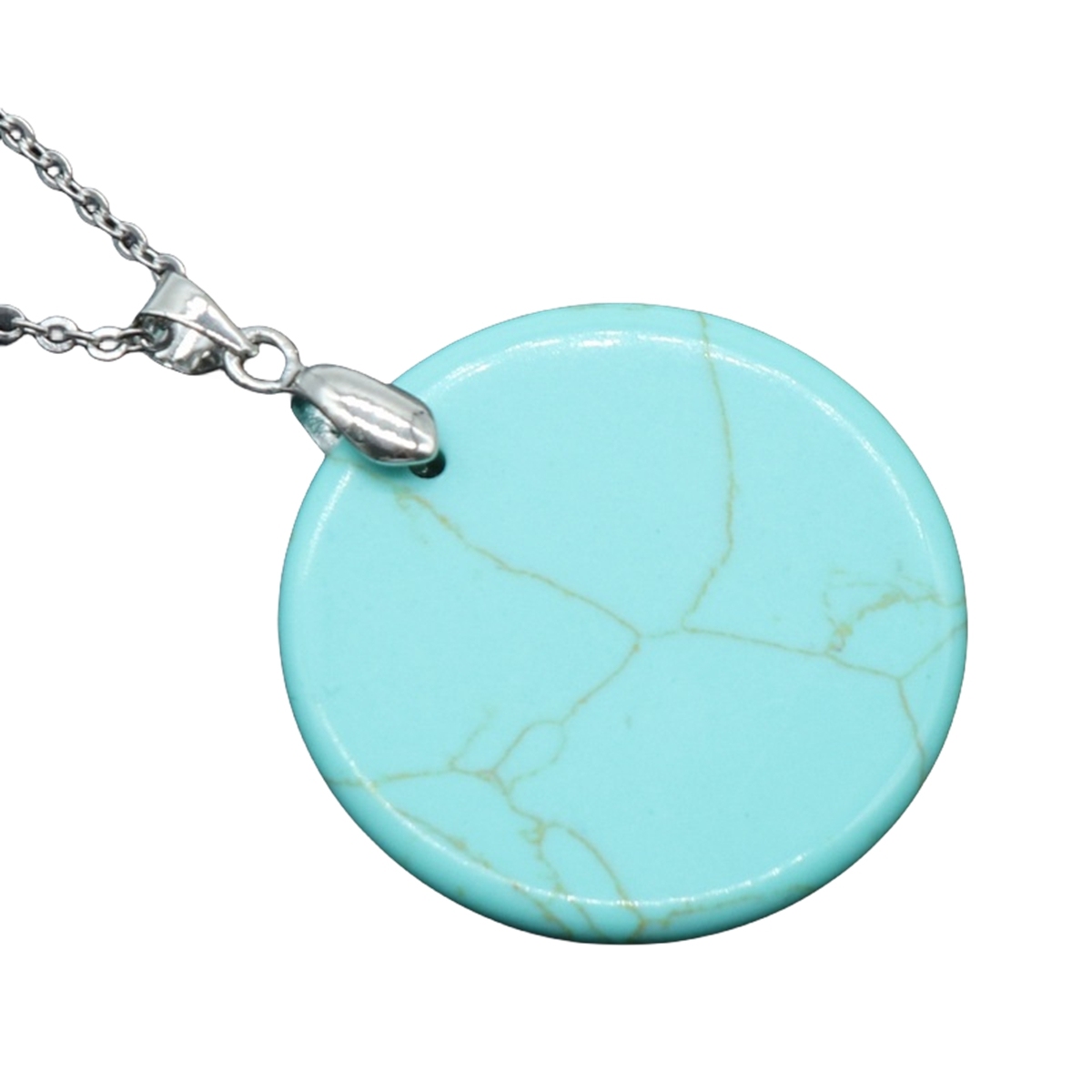 30MM Flat Round Gemstone Disc Pendant Necklace 45CM Silver O Chain