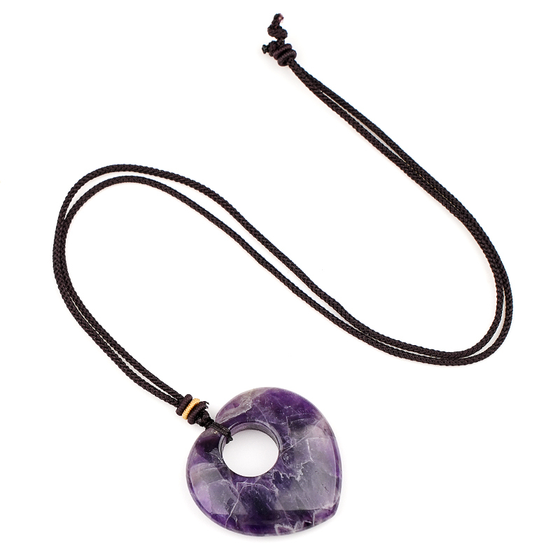 Gemstone 40MM Love Heart Stone Pendant Necklace Adjustable Rope