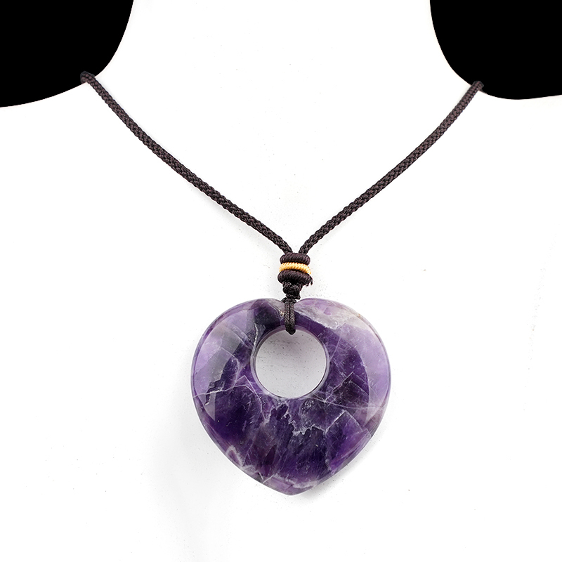 Gemstone 40MM Love Heart Stone Pendant Necklace Adjustable Rope