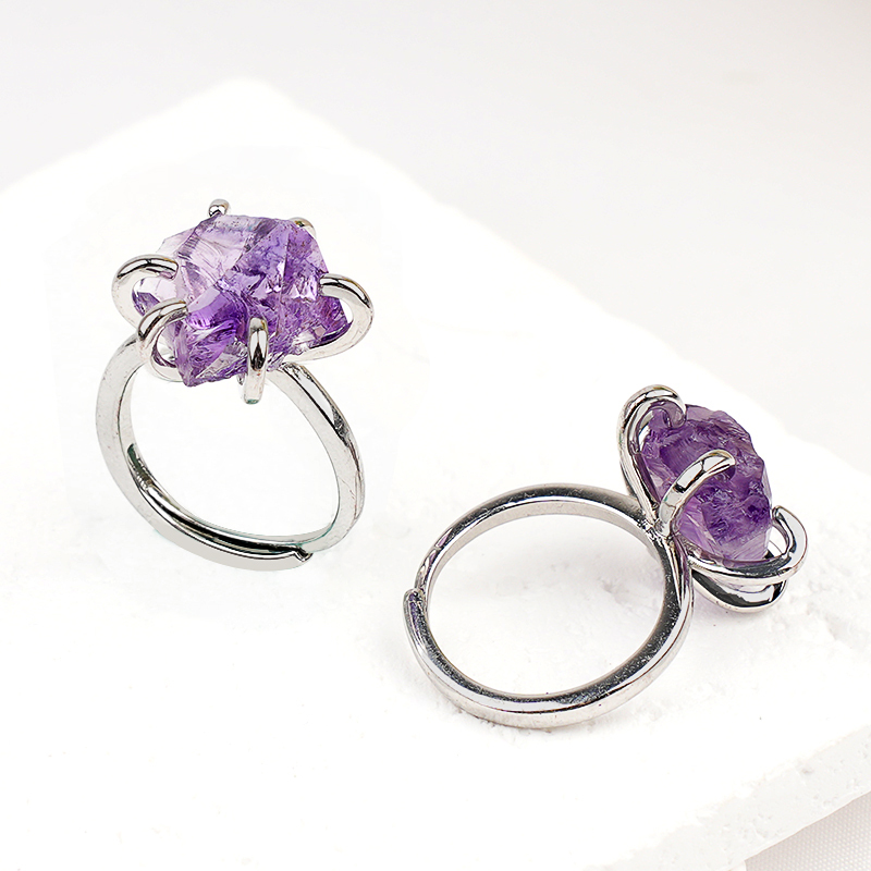 Raw Crystal Silver Adjustable Gemstone Rings for Women Girls