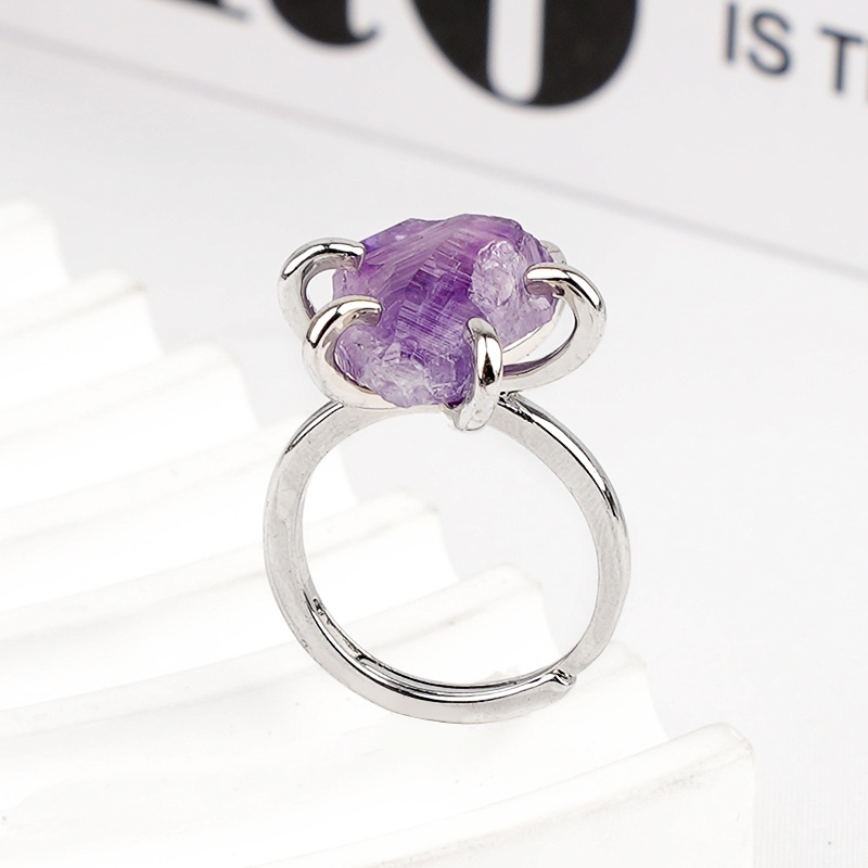 Raw Crystal Silver Adjustable Gemstone Rings for Women Girls