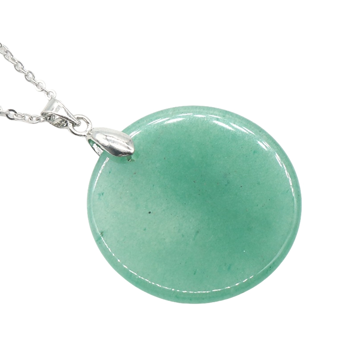 30MM Flat Round Gemstone Disc Pendant Necklace 45CM Silver O Chain