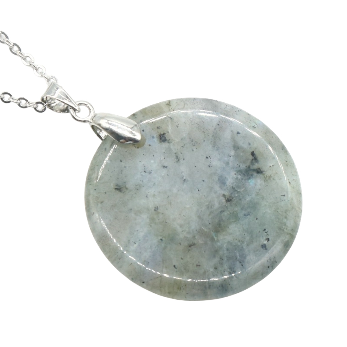 30MM Flat Round Gemstone Disc Pendant Necklace 45CM Silver O Chain