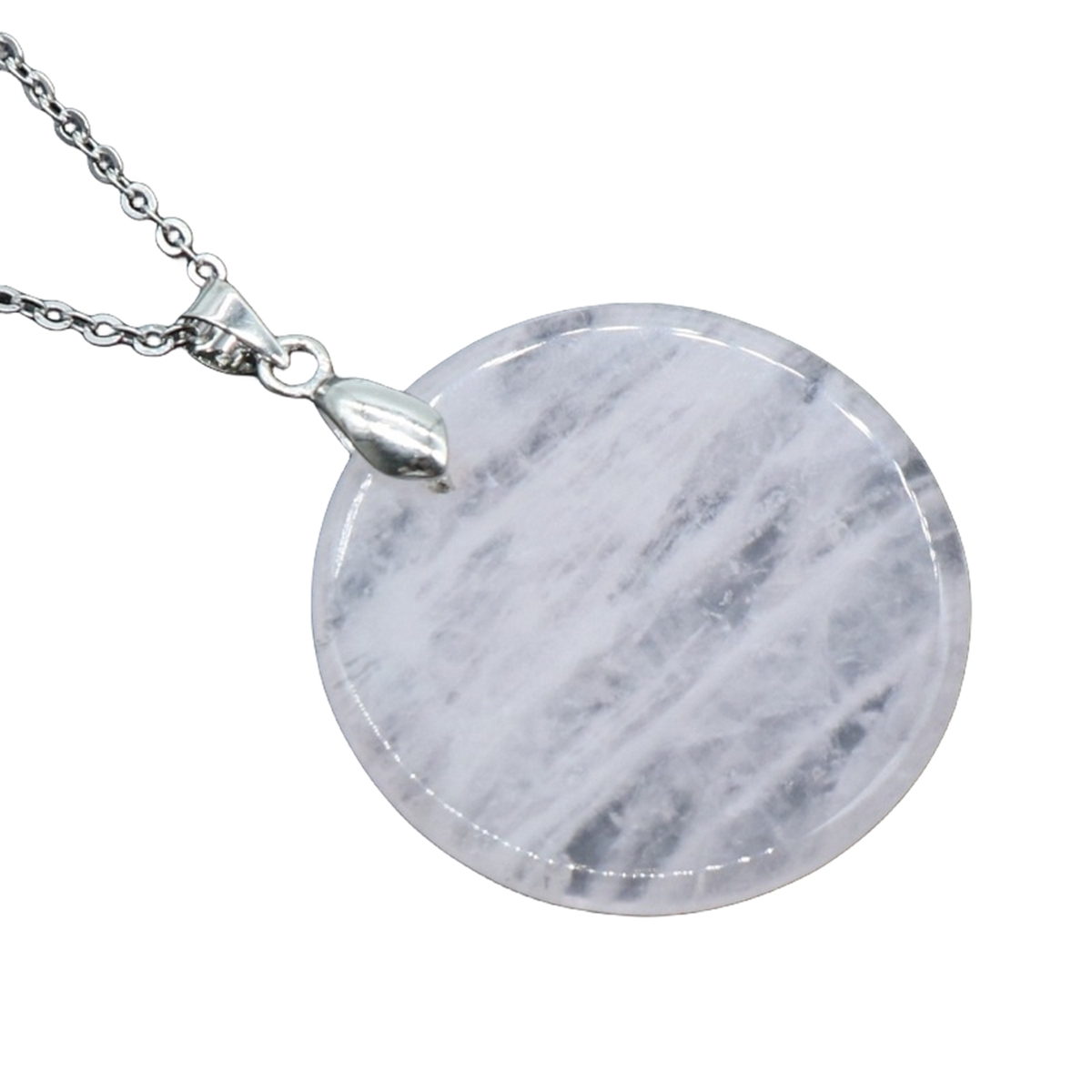 30MM Flat Round Gemstone Disc Pendant Necklace 45CM Silver O Chain