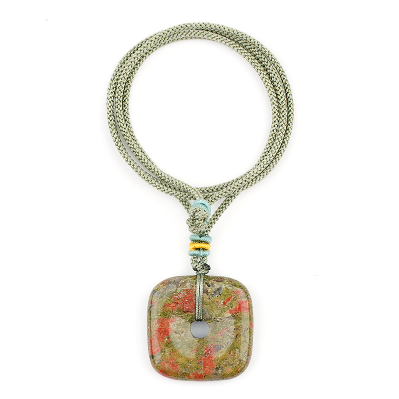 30MM Square Disc Lucky Coin Pingan Pendant Necklace Adjustable Color Rope