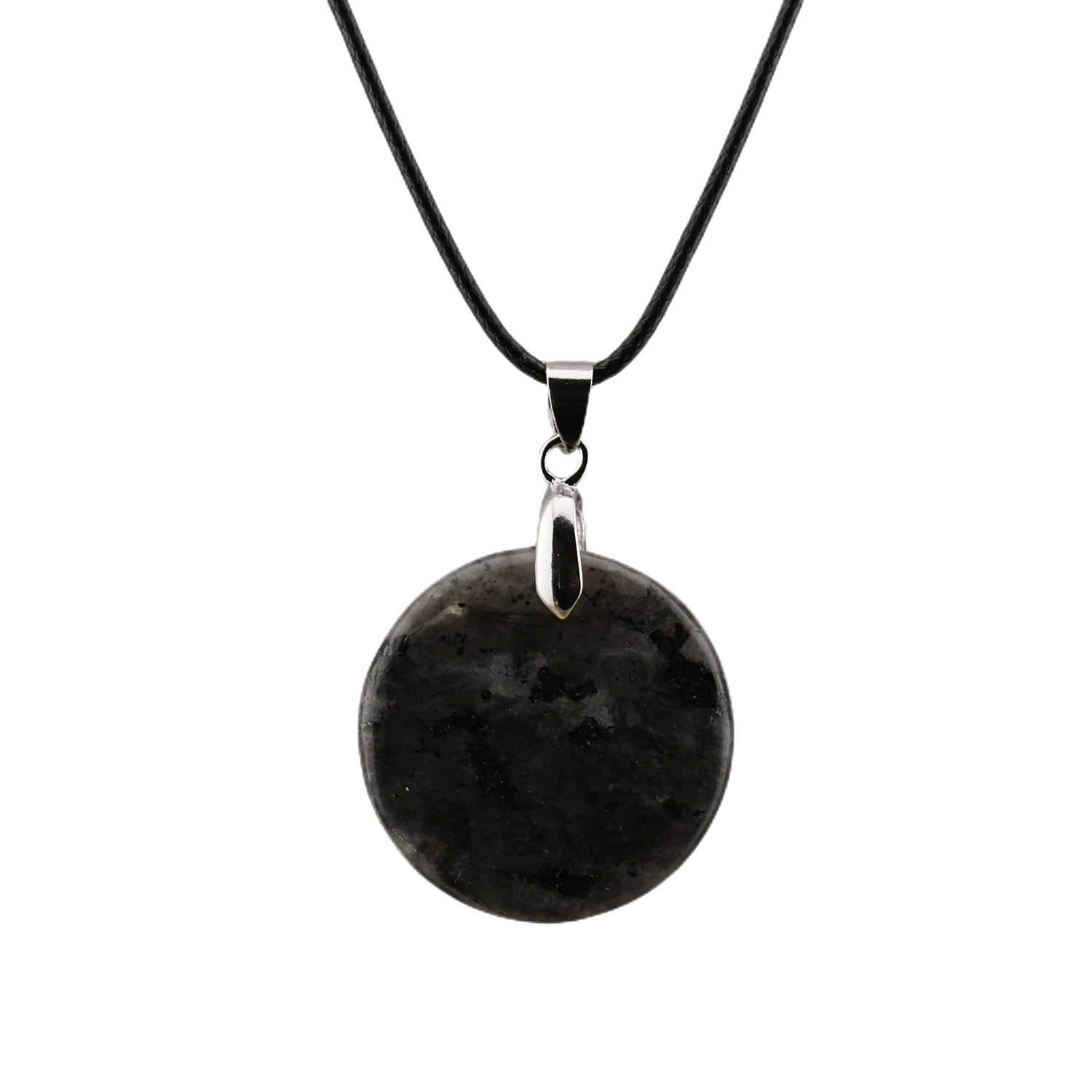 30MM Flat Round Gemstone Disc Pendant Necklace 45cm Black Cord