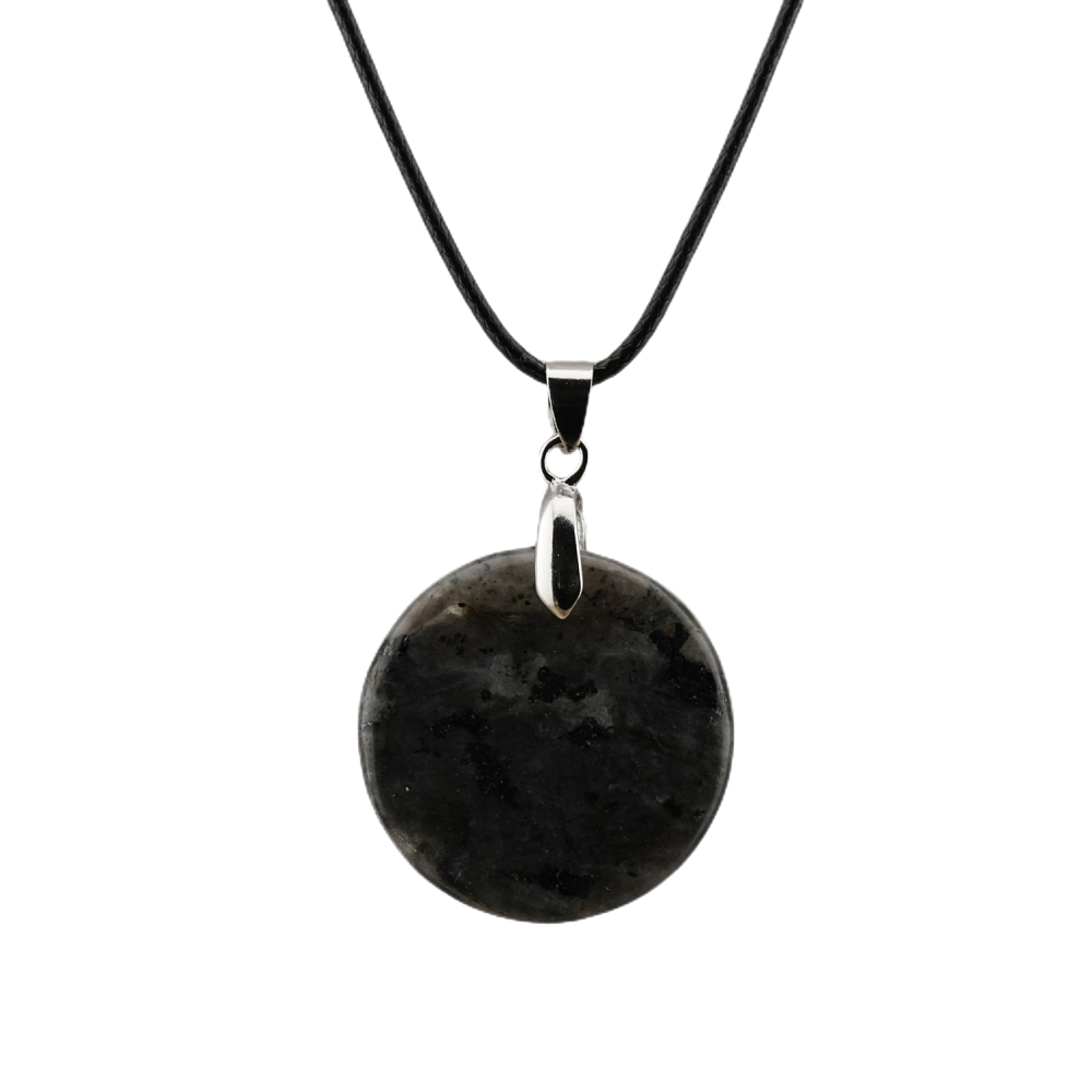 30MM Flat Round Gemstone Disc Pendant Necklace 45cm Black Cord