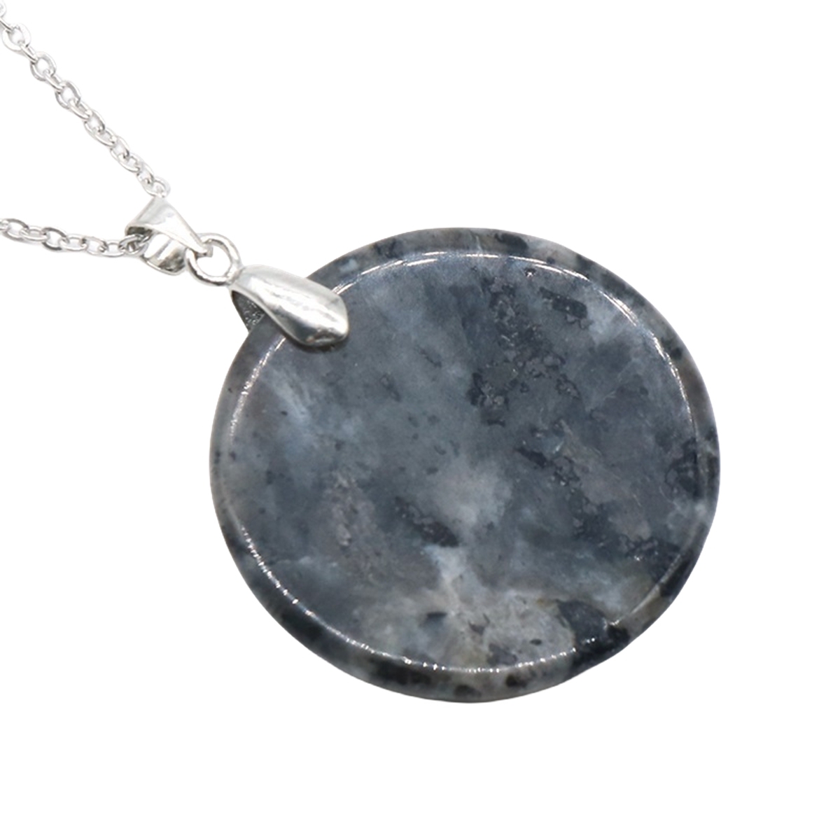 30MM Flat Round Gemstone Disc Pendant Necklace 45CM Silver O Chain