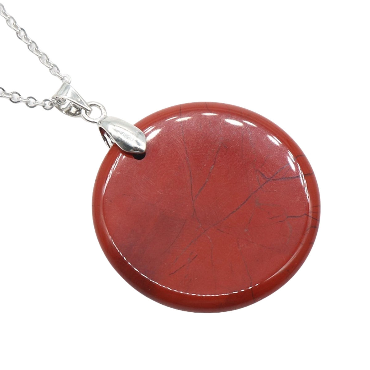 30MM Flat Round Gemstone Disc Pendant Necklace 45CM Silver O Chain