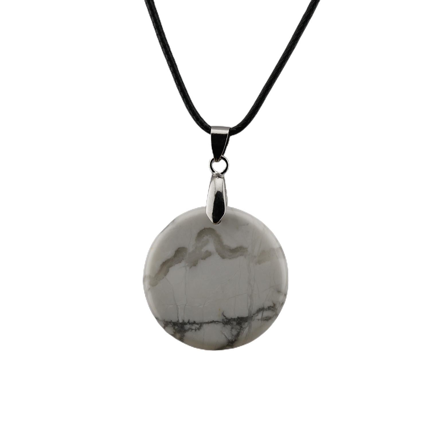 30MM Flat Round Gemstone Disc Pendant Necklace 45cm Black Cord