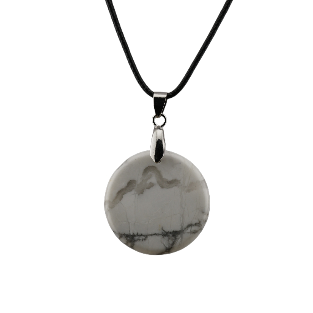 30MM Flat Round Gemstone Disc Pendant Necklace 45cm Black Cord