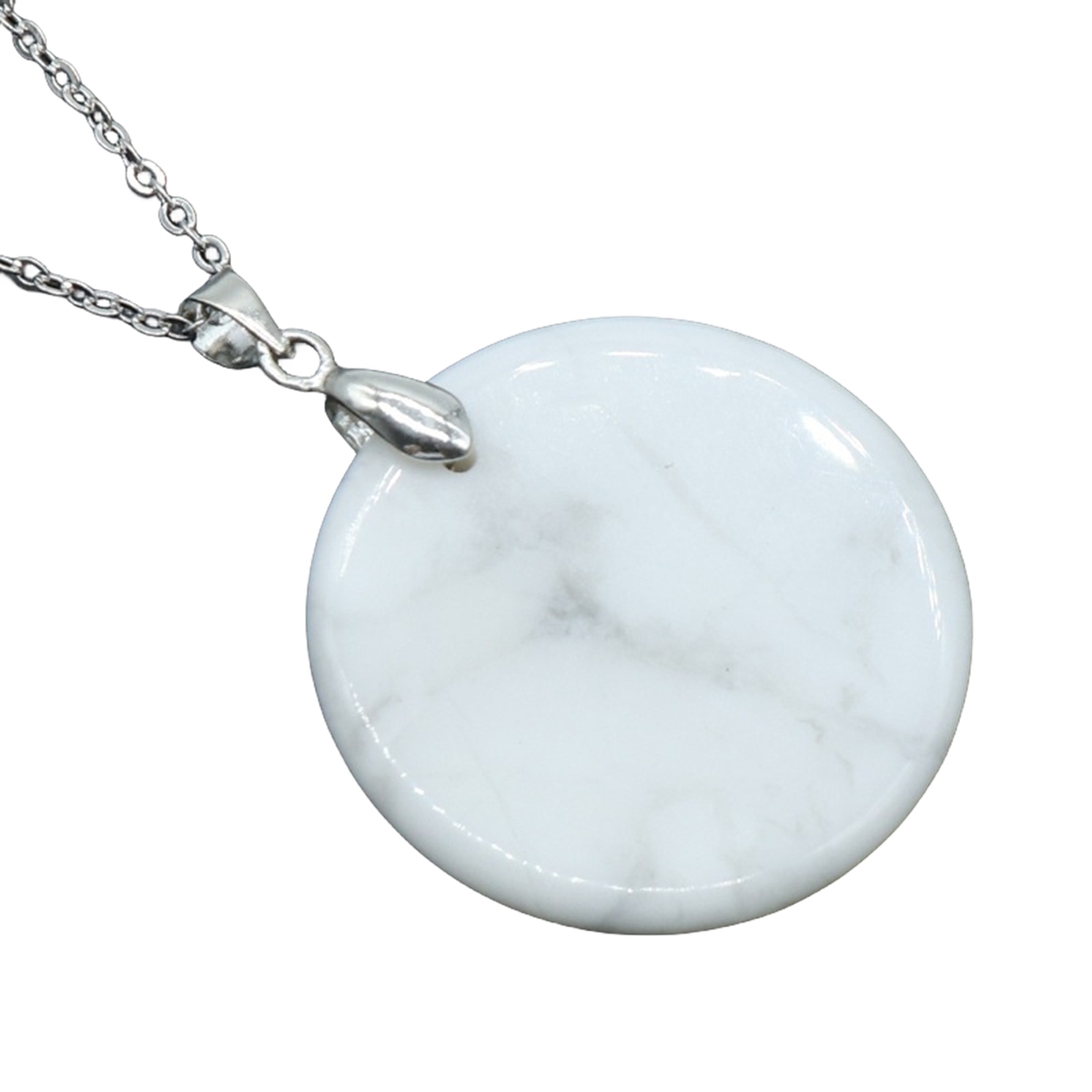 30MM Flat Round Gemstone Disc Pendant Necklace 45CM Silver O Chain